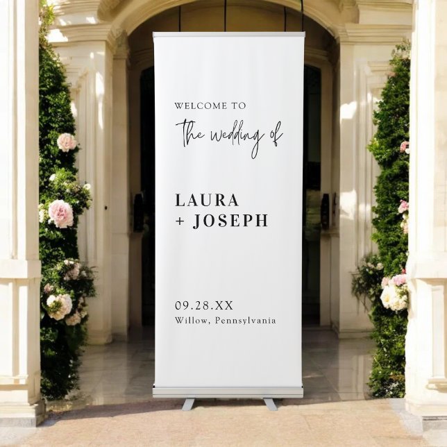 Modern Chic Black White Script Wedding Welcome Retractable Banner (Modern chic black white script banner creates a stylish, welcoming wedding entrance.)