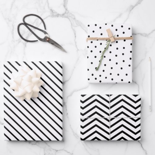Modern Chic Black  White Stripe Chevron  Dots Wrapping Paper Sheets