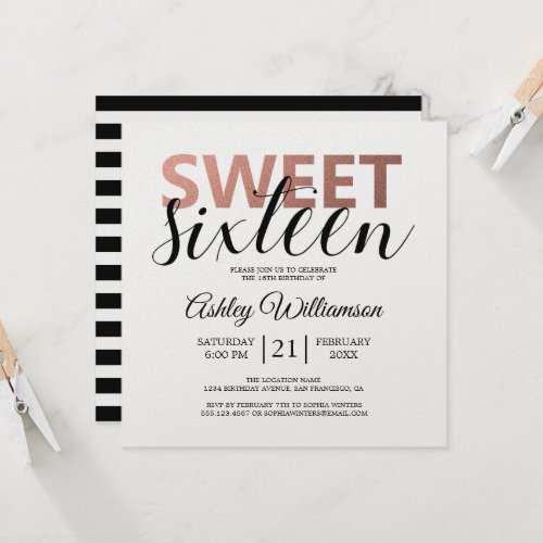Modern Chic Black White Stripes Pink Sweet 16 Invitation