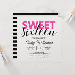 Modern Chic Black White Stripes Pink Sweet 16 Invitation