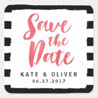 Modern Chic Black & White Stripes Save the Date Square Sticker