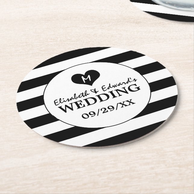 Modern Chic Black & White Wedding Round Paper Coaster (Angled)