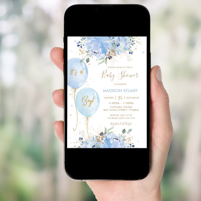 Modern Chic Blue Floral Balloons Boy Baby Shower I Invitation (Front Digital)