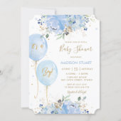 Modern Chic Blue Floral Balloons Boy Baby Shower Invitation (Front)