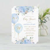 Modern Chic Blue Floral Balloons Boy Baby Shower Invitation (Standing Front)