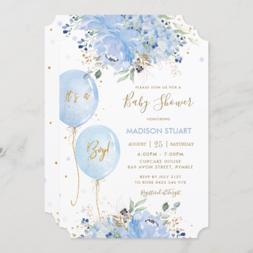 Modern Chic Blue Floral Balloons Boy Baby Shower Invitation