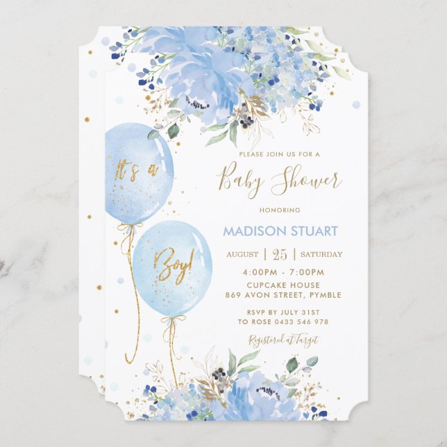 Modern Chic Blue Floral Balloons Boy Baby Shower Invitation (Front/Back)