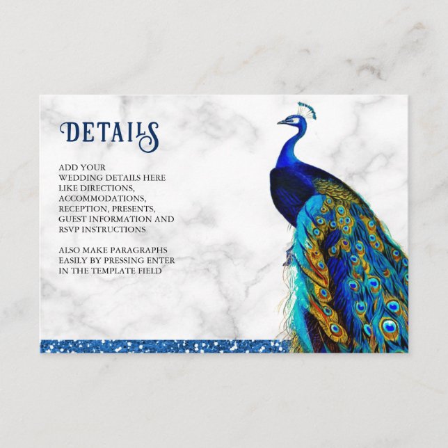Modern Chic Blue Glitter Peacock Indian Wedding Enclosure Card (Front)