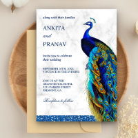 Modern Chic Blue Glitter Peacock Indian Wedding