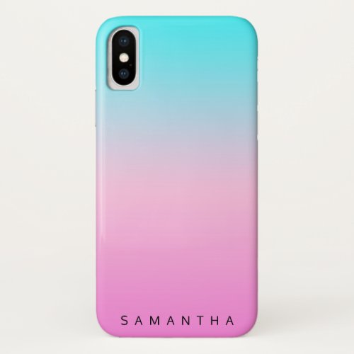 Modern chic blue pink ombre gradient add your name iPhone XS case