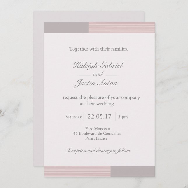 Modern chic blush pink white gray stripes wedding invitation (Front/Back)
