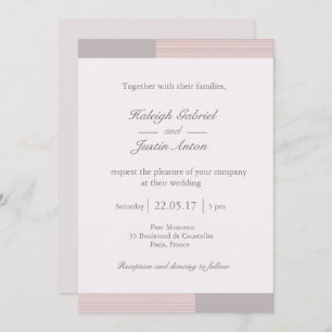 Modern chic blush pink white gray stripes wedding invitation