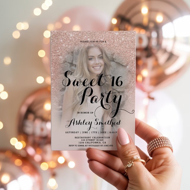 Modern Chic Blush rose gold glitter photo Sweet 16 Invitation (Modern Chic Blush rose gold glitter photo Sweet 16 Invitation)