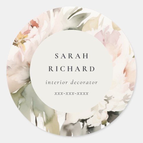 Modern Chic Blush Watercolor Peony Floral Business Classic Round Sticker