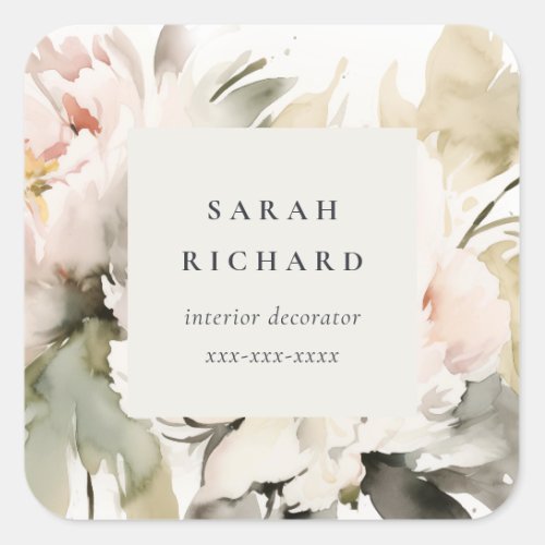 Modern Chic Blush Watercolor Peony Floral Business Square Sticker