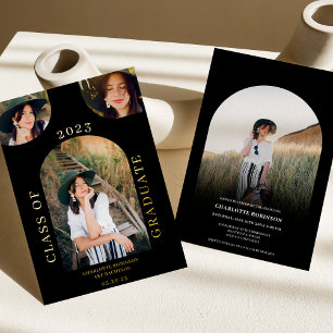 Modern chic boho arch black 4 photo graduation foil invitation