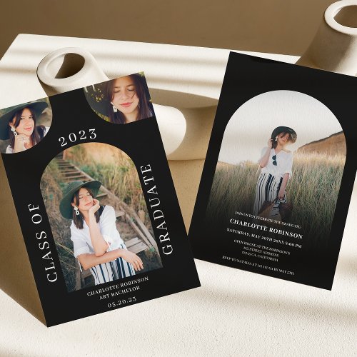 Modern chic boho arch black 4 photo graduation invitation