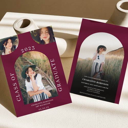 Modern chic boho arch burgundy 4 photo graduation invitation