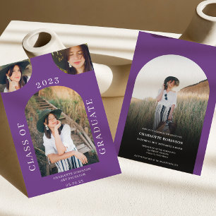Modern chic boho arch purple 4 photo graduation invitation