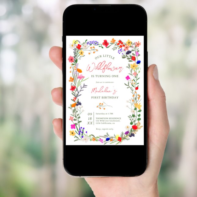 Modern chic boho bright wild flowers 1st birthday invitation (Front Digital)