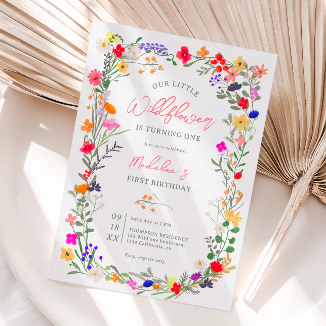 Modern chic boho bright wild flowers 1st birthday invitation | Zazzle