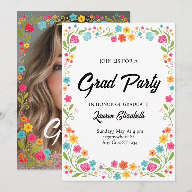 modern chic boho bright wild flowers graduation invitation (Front/Back)