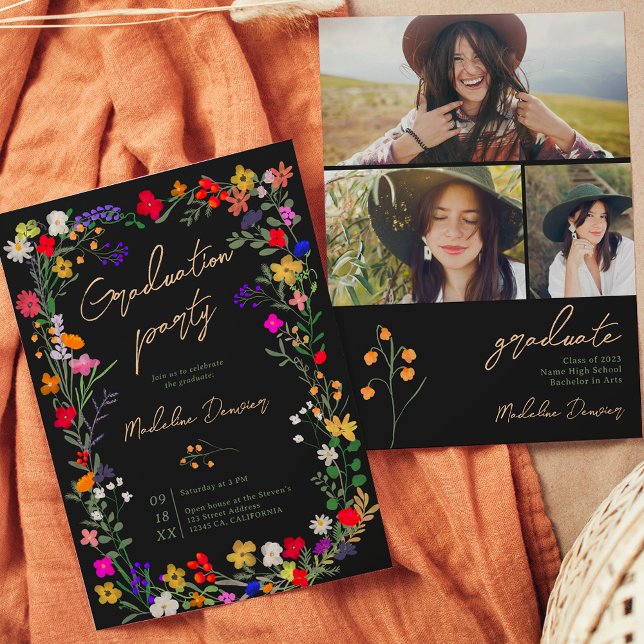 Modern chic boho bright wild flowers graduation invitation (Creator Uploaded)