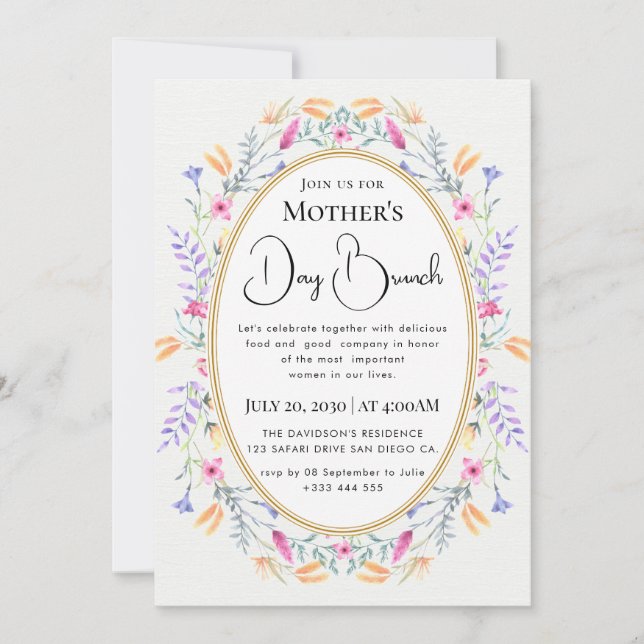 Modern chic boho bright wild flowers invitation (Front)