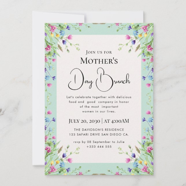Modern chic boho bright wild flowers invitation (Front)