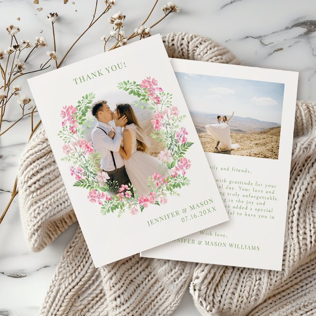 Modern Chic Boho Pink Floral Wedding Photo Thank You Card (Creator Uploaded)