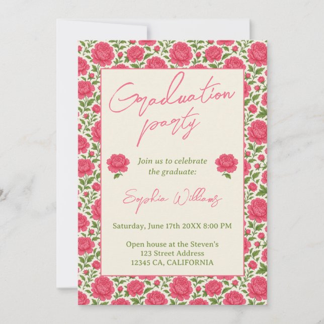 Modern Chic Boho Pink Peony Graduation Party Invitation (Front)