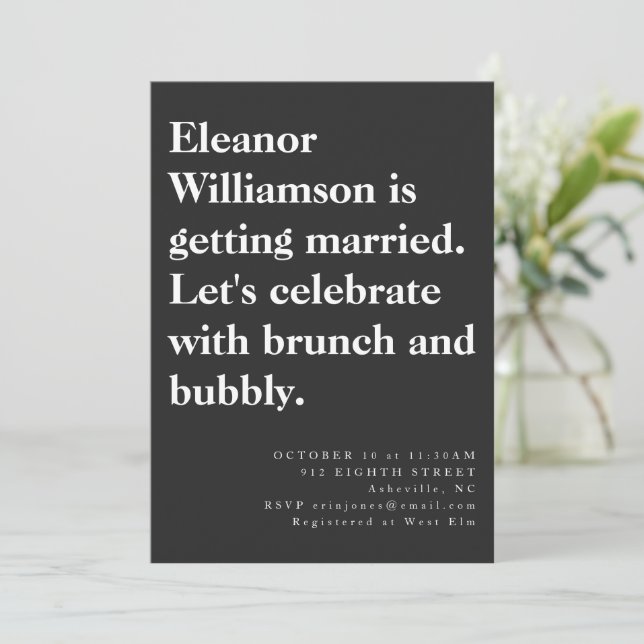 Modern Chic Bold Black Typography Bridal Brunch  Invitation (Standing Front)
