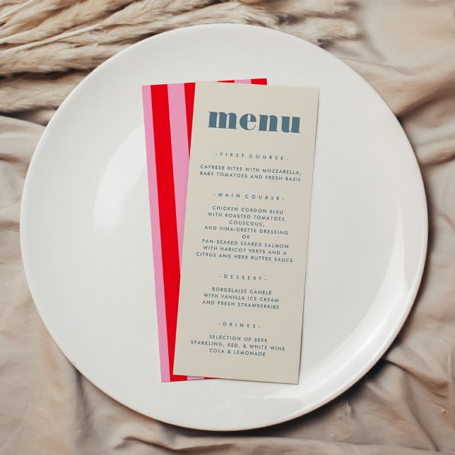 Modern Chic Bold Typography Simple Wedding Menu (Modern Chic Bold Typography Simple Wedding Menu with pink and red stripes on backside)