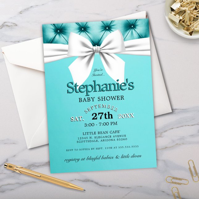 Modern Chic Bow Aqua Blue Baby Shower Invitation (elegant tiffany theme baby shower with tufted background, white bow and modern typography)