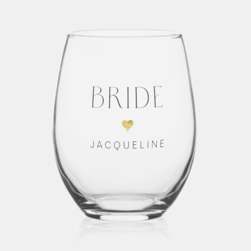 Modern Chic Bride Art Deco Font Gold Heart Name Stemless Wine Glass