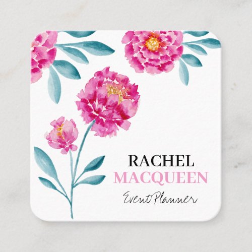 Modern Chic Bright Floral Blooms Watercolor Square Business Card
