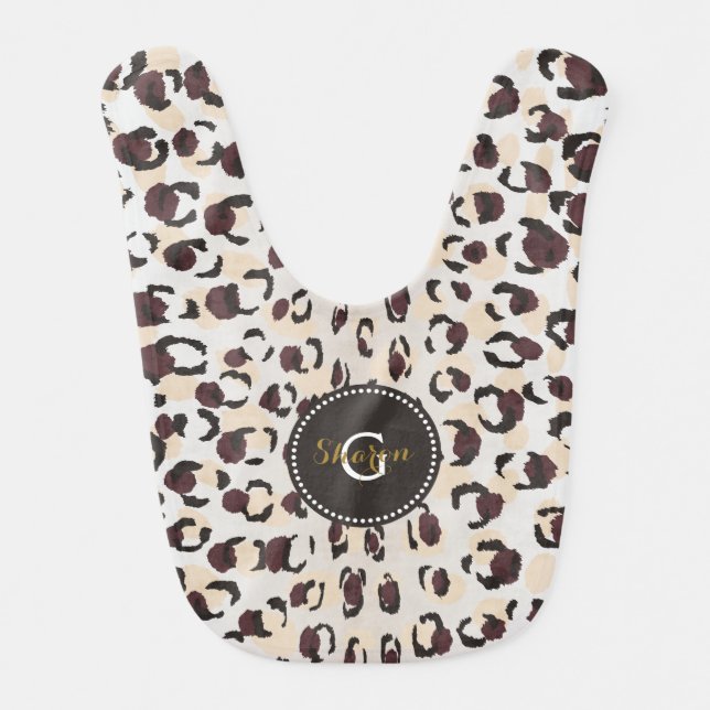Modern chic brown cheetah print pattern monogram baby bib (Front)