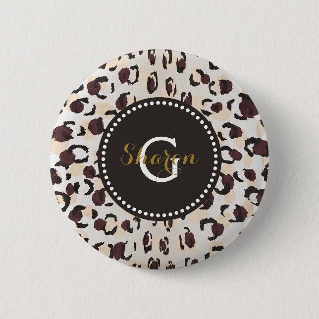 Modern chic brown cheetah print pattern monogram button (Front)