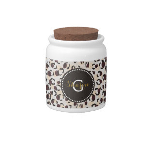 Modern chic brown cheetah print pattern monogram candy jar
