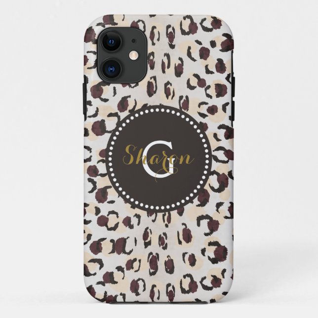 Modern chic brown cheetah print pattern monogram Case-Mate iPhone case (Back)