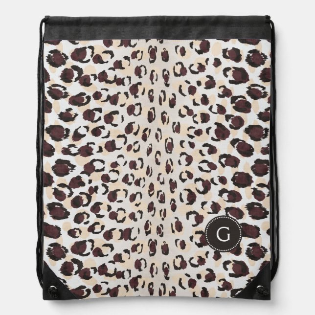 Modern chic brown cheetah print pattern monogram drawstring bag (Front)