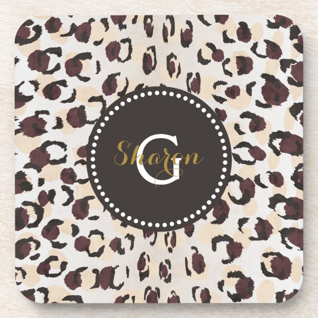 Modern chic brown cheetah print pattern monogram drink coaster (Front)