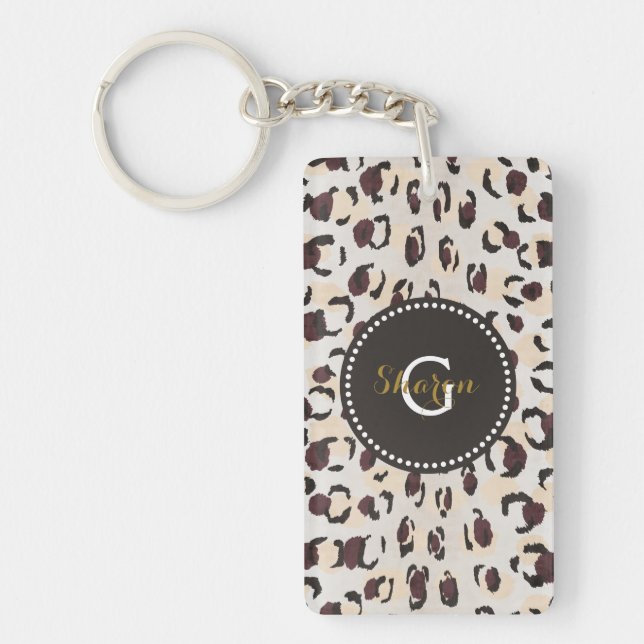 Modern chic brown cheetah print pattern monogram keychain (Front)