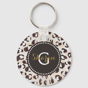 Modern chic brown cheetah print pattern monogram keychain