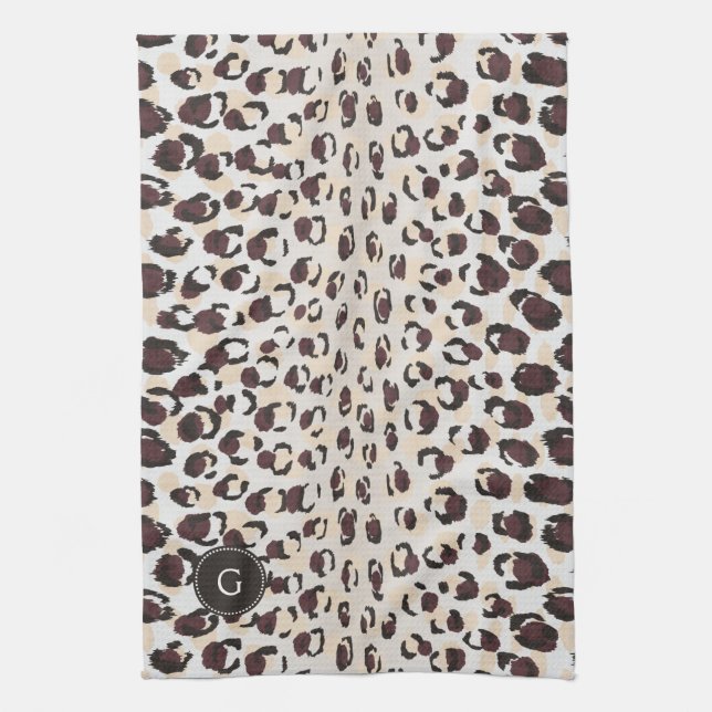 Modern chic brown cheetah print pattern monogram kitchen towel (Vertical)