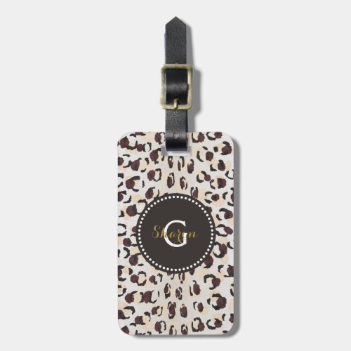 Modern chic brown cheetah print pattern monogram luggage tag