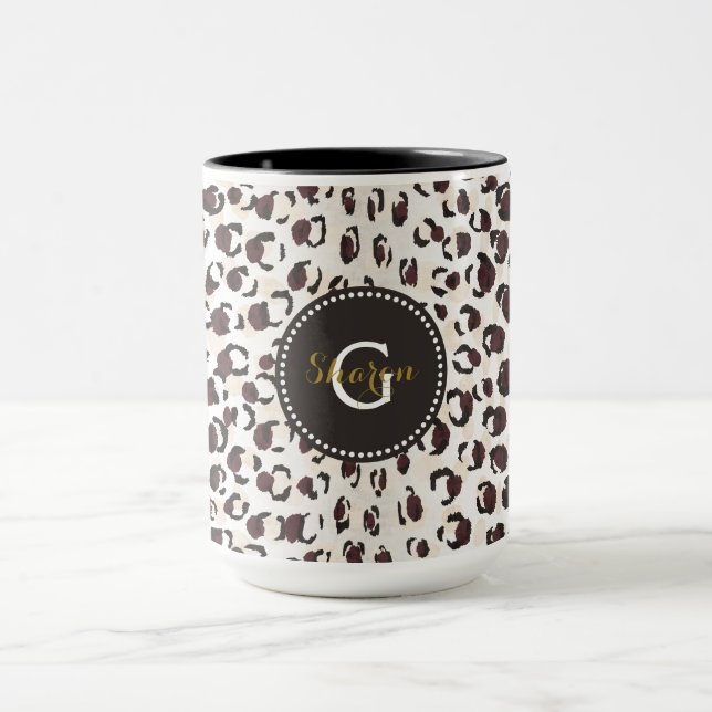 Modern chic brown cheetah print pattern monogram mug (Center)