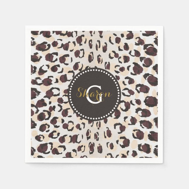 Modern chic brown cheetah print pattern monogram paper napkins (Front)