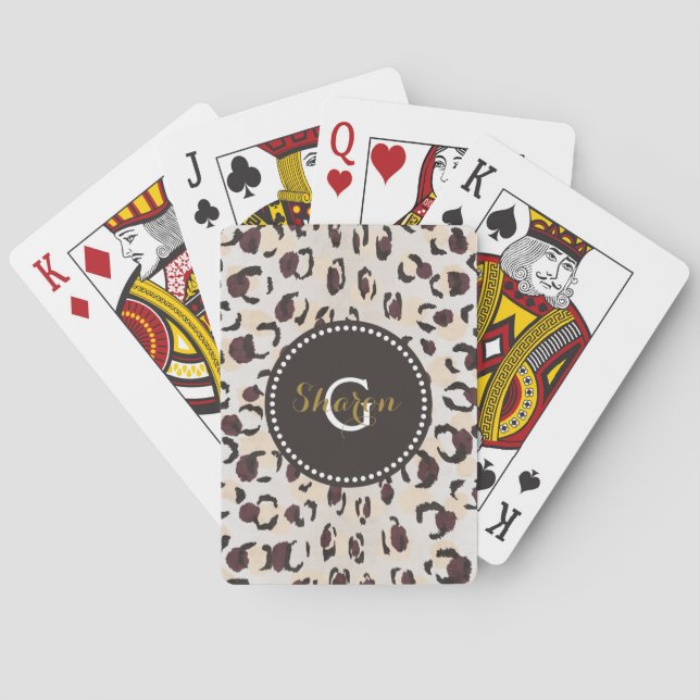 Modern chic brown cheetah print pattern monogram poker cards (Back)