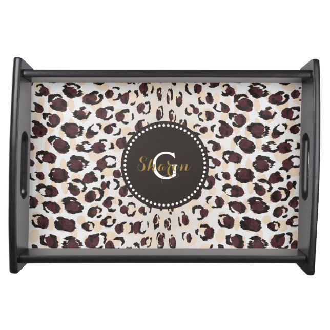 Modern chic brown cheetah print pattern monogram serving tray (Front)